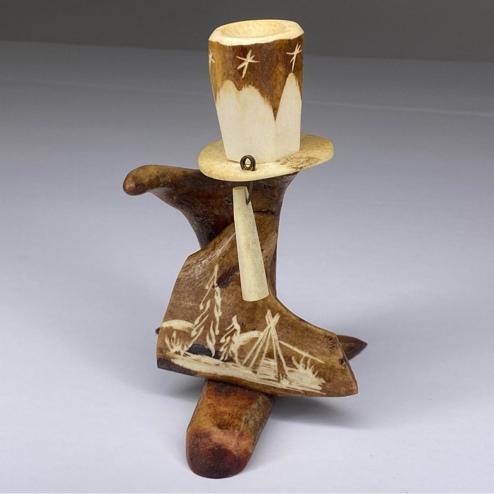 Finland Sami Soumi Folk Art Reindeer Antler and Bone Engraved Candlestick Holder